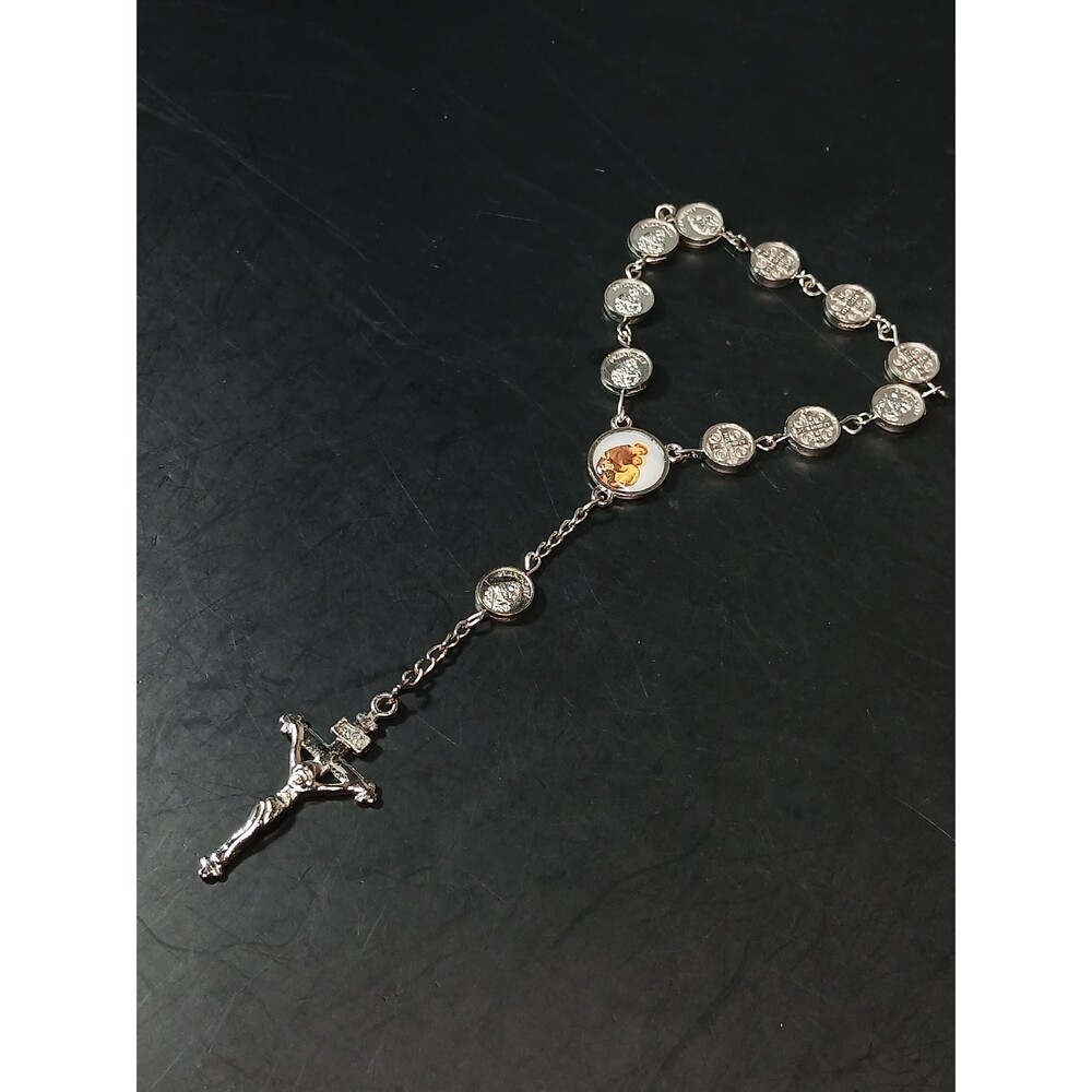Vintage Catholic Decade Rosary Silver Tone Bracelet Crucifix